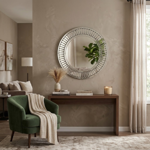 Elegant Round Beveled Glass Wall Mirror with Fluted Petal Border 900mm