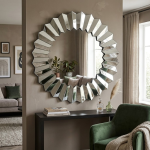 Round Geometric Faceted Wall Mirror with 3D Pleated Chevron Border 1000mm