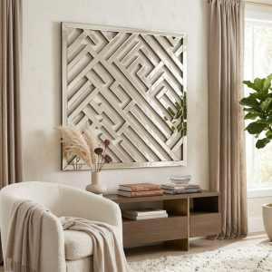 Square Geometric Fretwork Wall Mirror with Beveled Interlocking Labyrinth Overlay 800 x 800mm