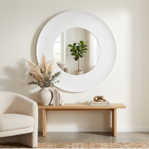 Large Round White Accent Wall Mirror with Wide Angled Beveled Frame 1080mm