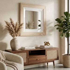 Square Light Oak Woodgrain Wall Mirror with Deep Inset Beveled White Frame 665 x 665mm