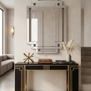 Art Deco Stepped Geometric Wall Mirror with Beveled Interlocking Frame 1100 x 800mm