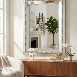 Large Rectangular Wall Mirror with Sparkling Crushed Diamond Border and Mitered Beveled Frame 1190 x 890mm