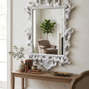 Large Ornate Vintage White Wall Mirror – Carved French Baroque Filigree Frame 1245 x 820mm