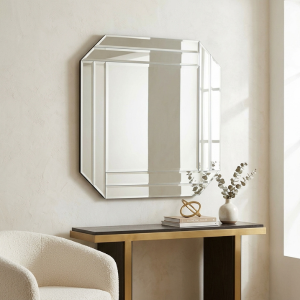 Modern Square Geometric Wall Mirror with Cut Corners & Interlocking Beveled Glass Frame 600 x 600mm