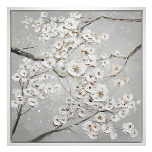 White Blossom Cherry Tree Branch Canvas 1B - Framed
