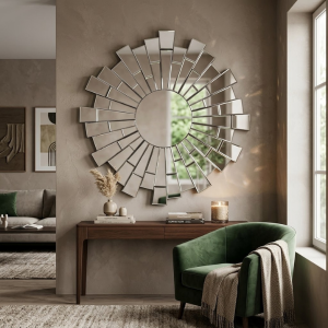 Round Beveled Glass Sunburst Wall Mirror – Multi-Ray Frameless Accent 1010mm