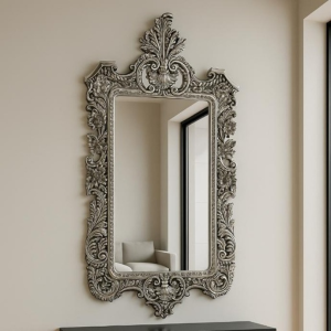 Tall Ornate Champagne Wall Mirror with Baroque Palmette Crest & Floral Filigree Frame 840 x 1580mm