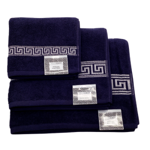 Greek Key Luxury Cotton Towel Set - Navy/Silver