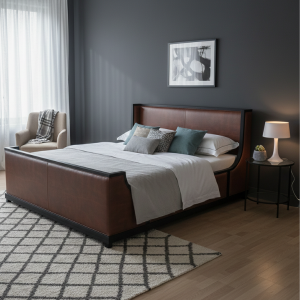 Regency Mahogany Wood Bed - Leather
