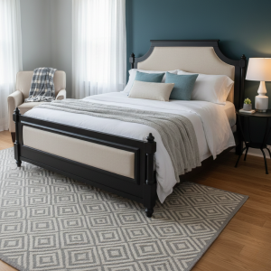 Victoria Mahogany Wood Bed - Beige/Cream Fabric
