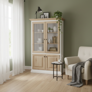 Country Oak Wood & White Bookshelf 1100mm with Door