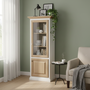 Country Oak Wood & White Bookshelf 750mm with Door