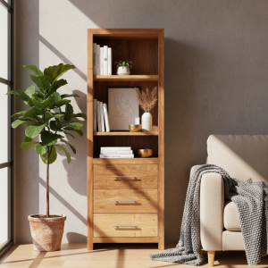 Elm Kiaat Wood Open Bookshelf 650mm with 3 Drawers