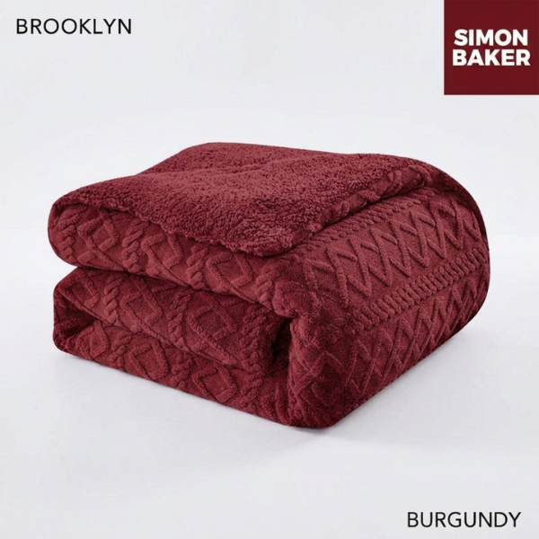 Simon Baker Brooklyn jacquard comforter set with plush sherpa fleece lining folded in colour Burgundy
