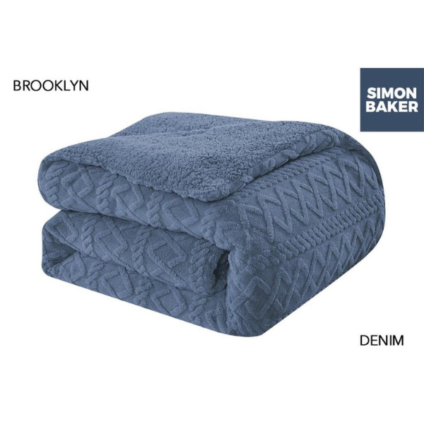 Simon Baker Brooklyn jacquard comforter set with plush sherpa fleece lining folded in colour Denim