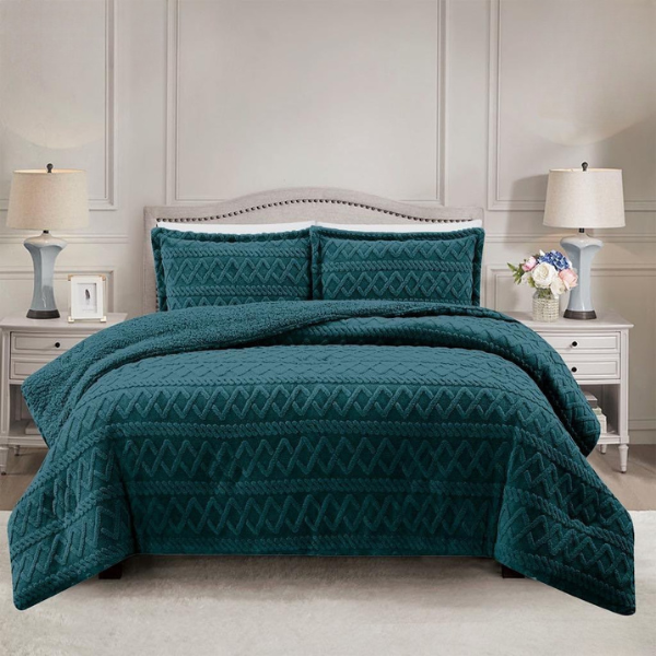 Simon Baker Brooklyn jacquard comforter set with plush sherpa fleece lining on a styled bed in colour Teal